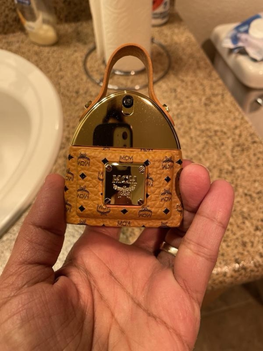 MCM Cognac Monogram Padlock Charm with Gold Hardware
